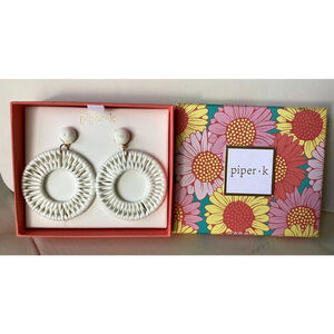 Handwoven White Dangle Round Earrings Knit Jewelry NEW In Box Med/Large Piper K